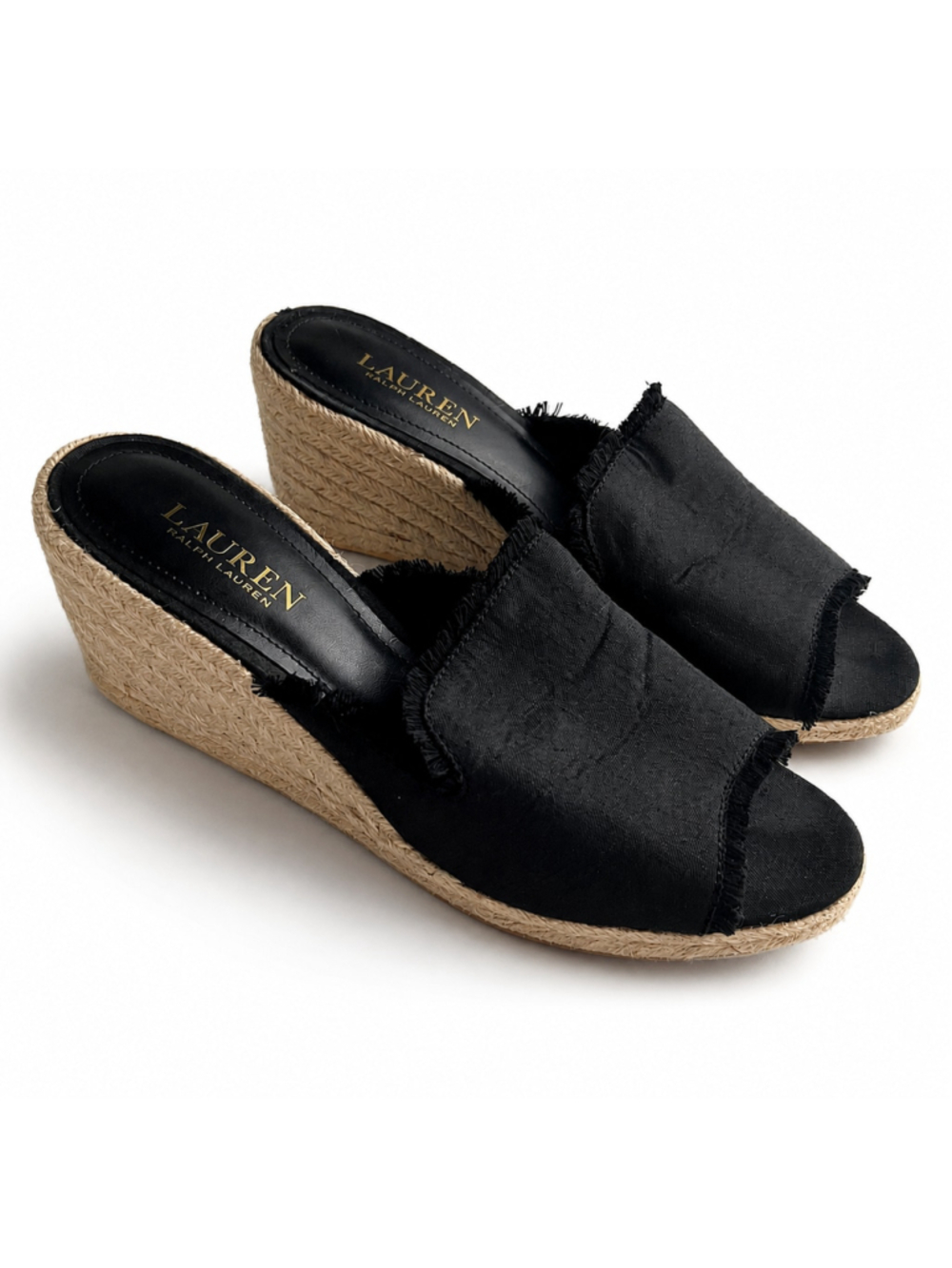 Lauren Ralph Lauren Carlynda Black Linen Wedge Espadrille Sandals Sz 9 Peep Toe